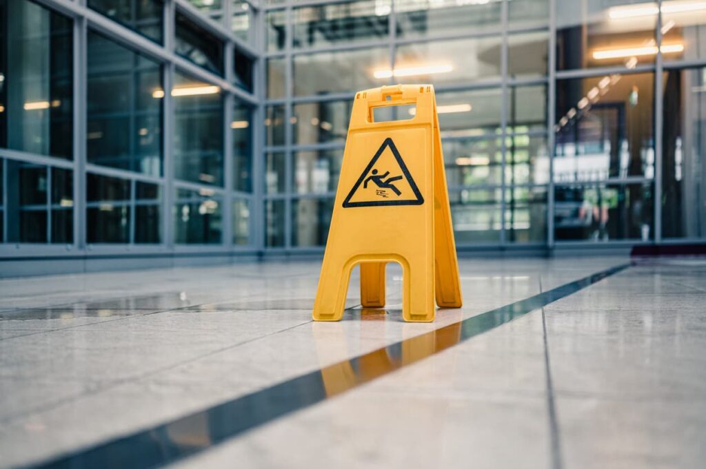 Wet Floor Warning Sign in Commercial Building – Slip and Fall Liability Case Example Yellow wet floor caution sign on tile floor inside modern office building lobby, representing slip and fall premises liability risk.