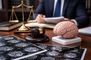 Kansas City brain injury lawyer office with brain MRI scans, anatomical brain model, gavel, and scales of justice on desk